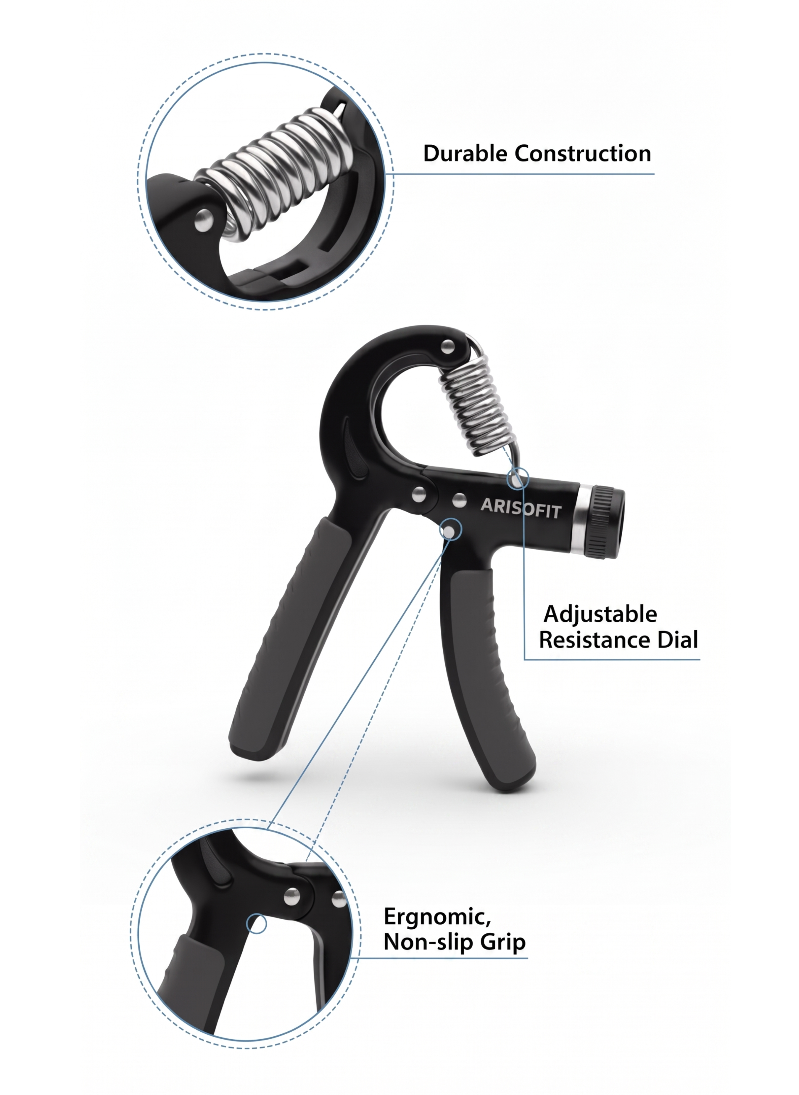 Adjustable Hand Gripper 5-60kg | Hand Grip Strengthener | Black