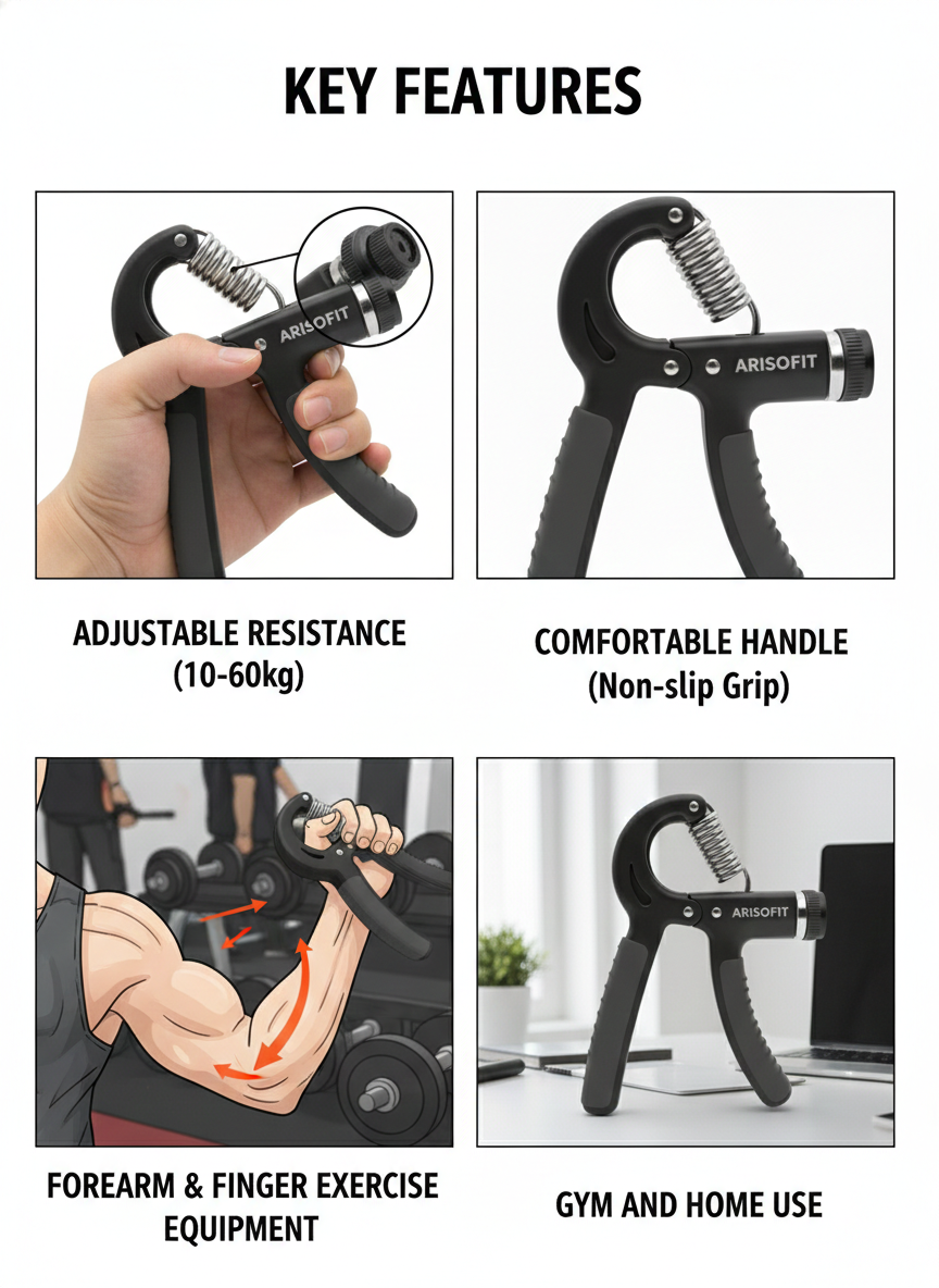 Adjustable Hand Gripper 5-60kg | Hand Grip Strengthener | Black